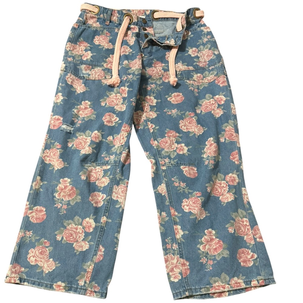 BIBI Floral Denim Pants Blue Pink Rose Print Wide Leg Rope Belt Jeans Large